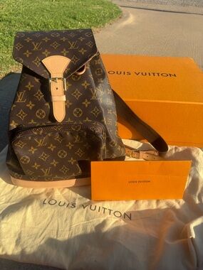 Louis Vuitton Monogram Montsouris Backpack with Tan Trim and Gold Hardware